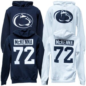 navy and white hooded sweatshirts Penn State Athletic Logo on fronts, McKenna 72 on backs